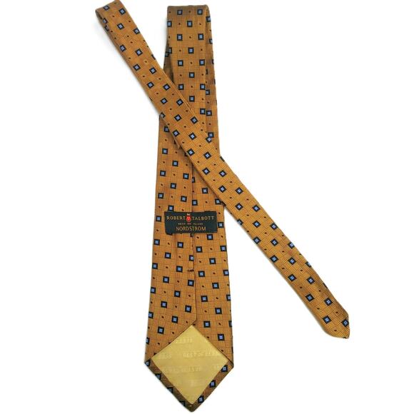 Robert Talbott Men's Silk Necktie Best of Class Gold Blue Squares Geometric USA - Picture 6 of 11